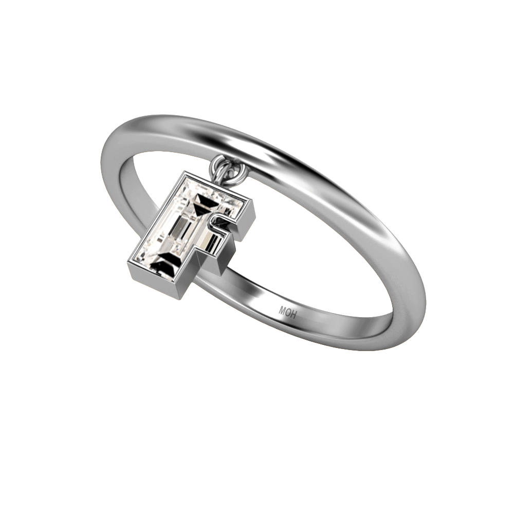 F Letter Alphabet Drop Ring in 18k White Gold — view 2
