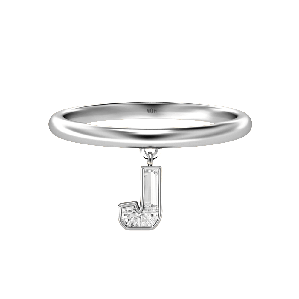 J Letter Alphabet Drop Ring in 18k White Gold
