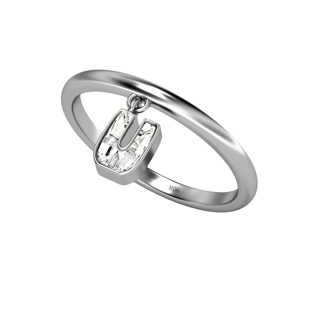 U Letter Alphabet Drop Ring in 18k White Gold — view 2