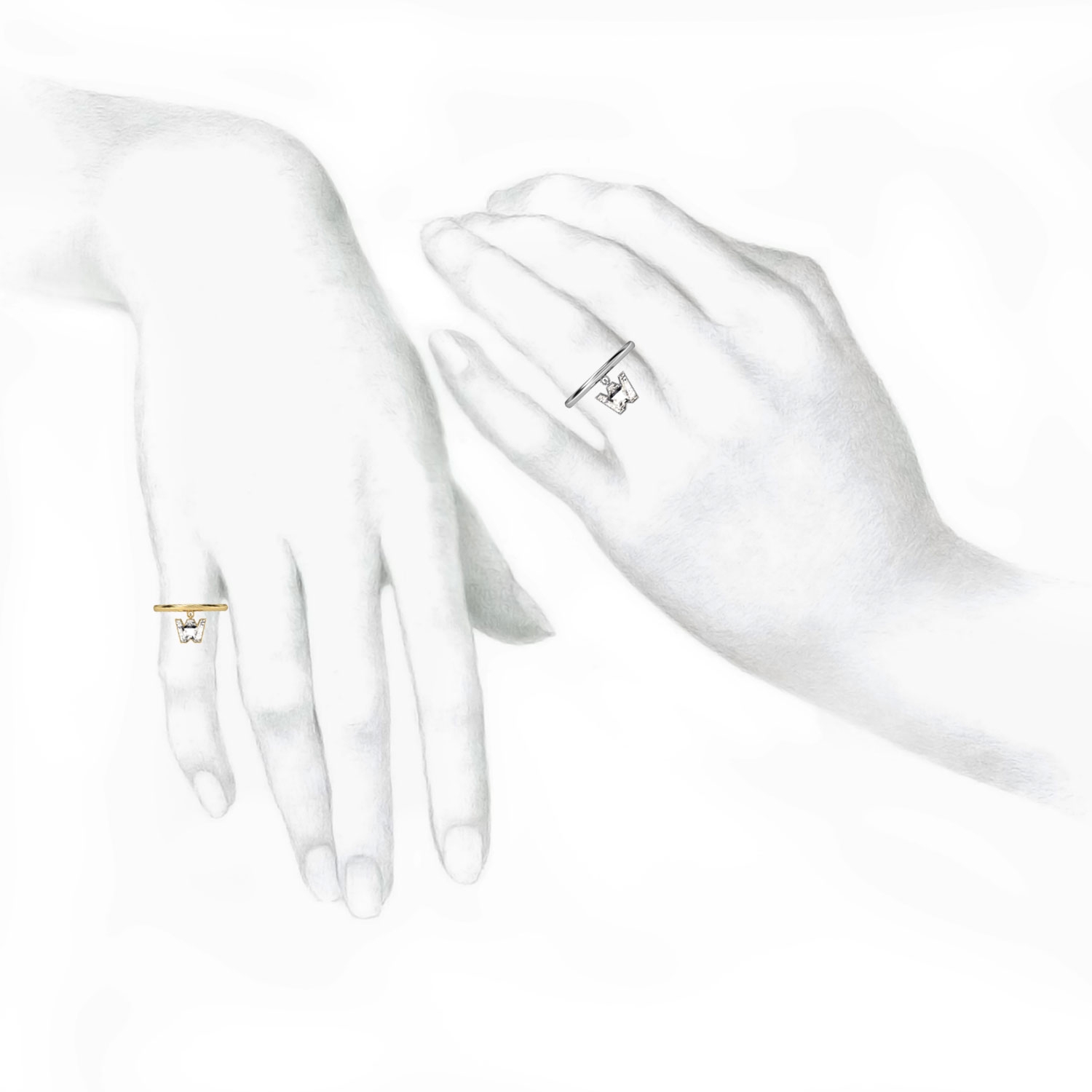 W Letter Alphabet Drop Ring in 18k White Gold — view 3
