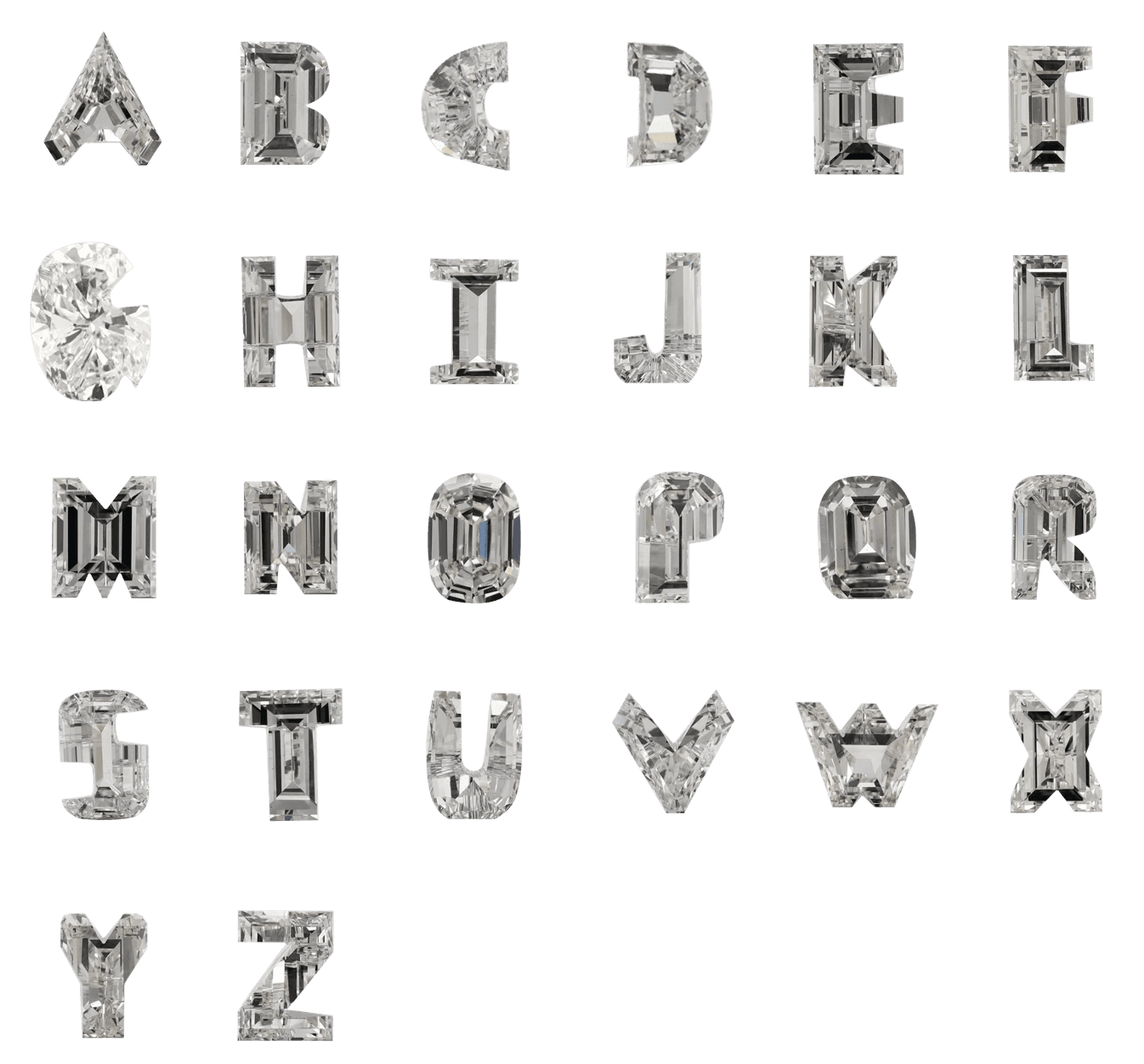 A to Z — each letter crafted from diamond cuts