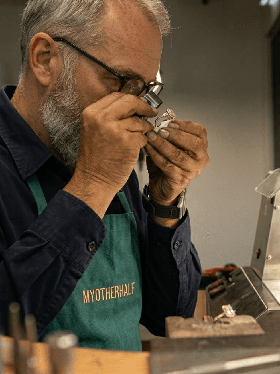 Senior gemologist inspecting a diamond ring under loupe at MOH London