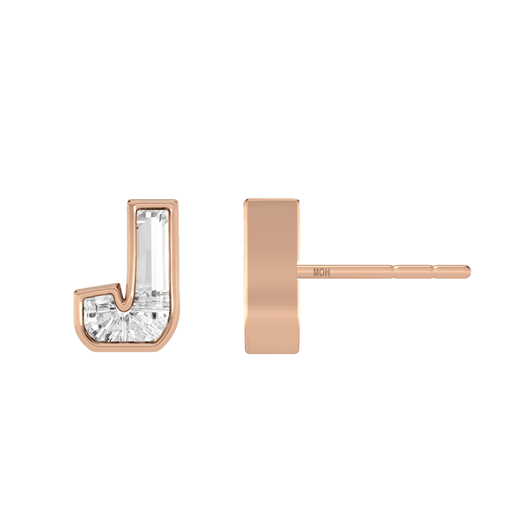 J Letter Alphabet Stud Earrings in 18k Rose Gold — view 2