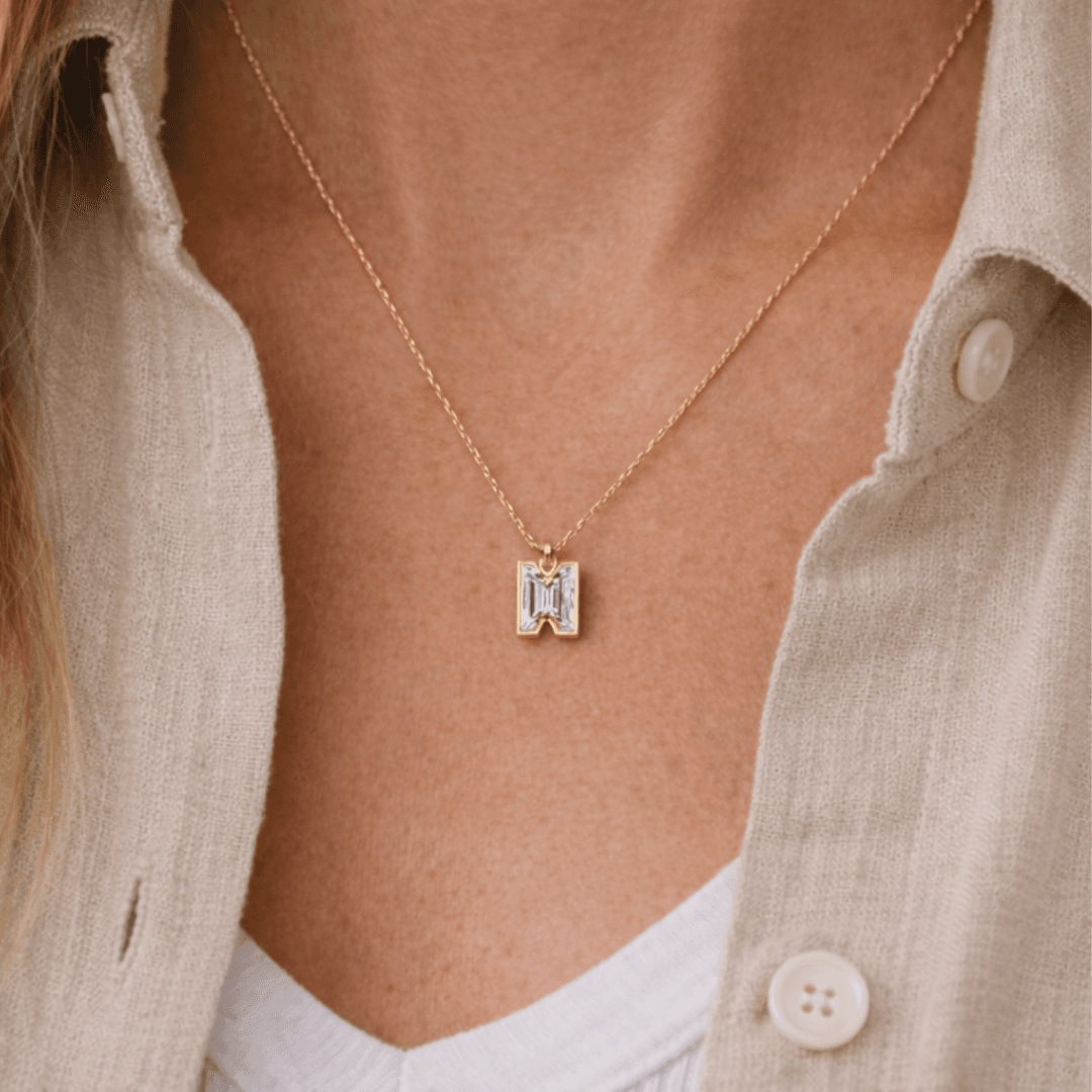 M Letter Alphabet Pendant — model photoshoot