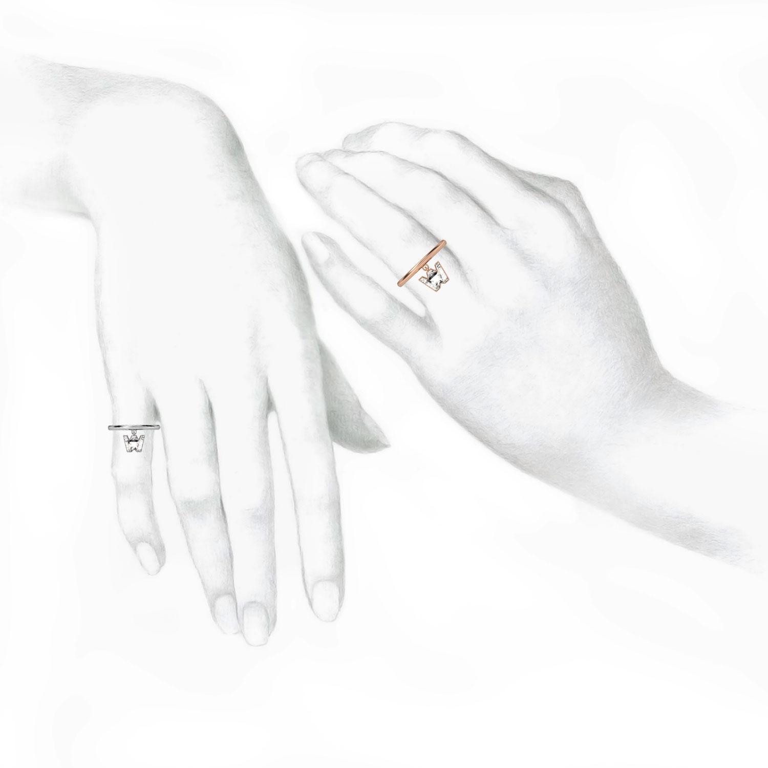 W Letter Alphabet Drop Ring in 18k Rose Gold — view 3