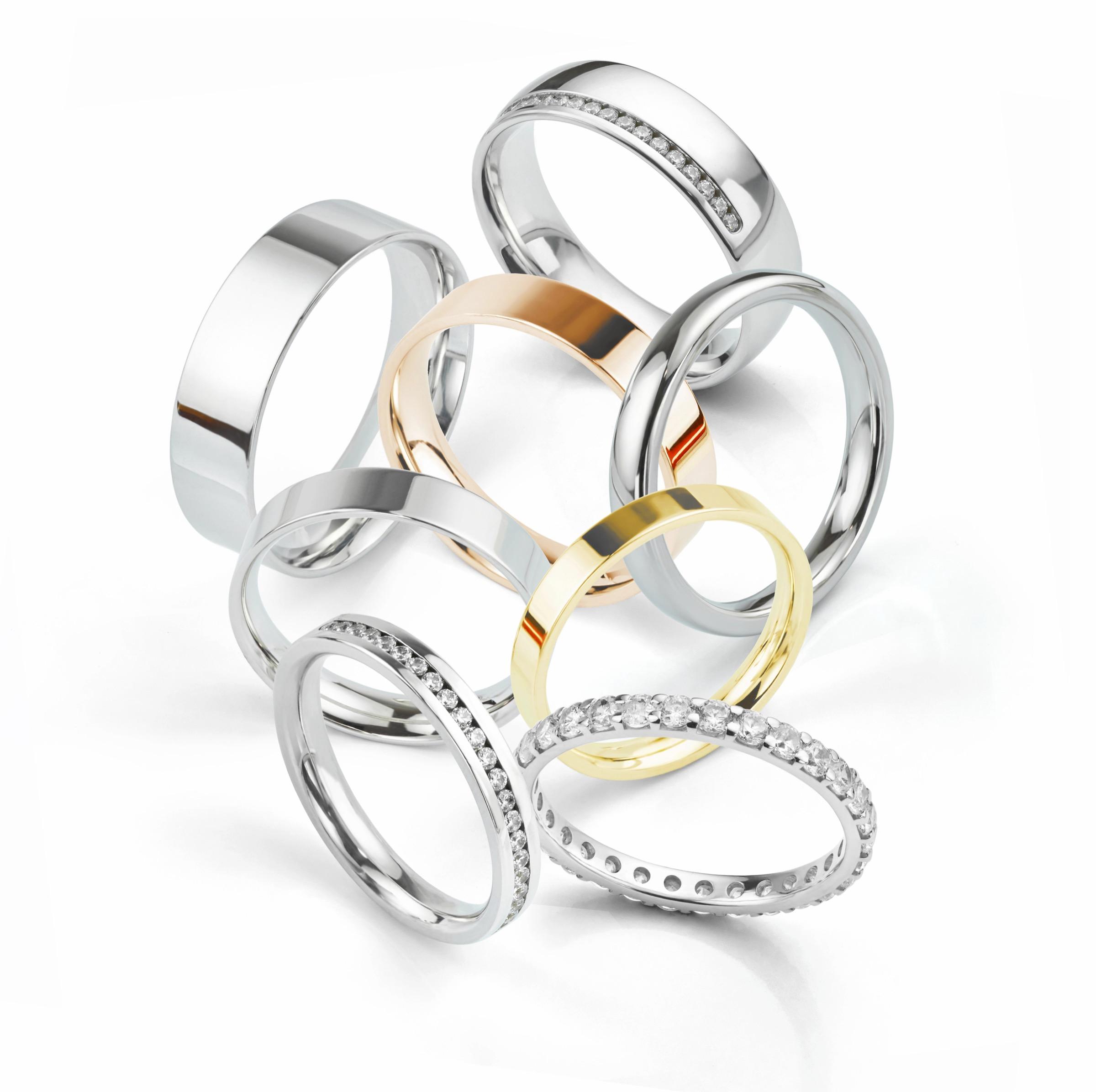 Wedding ring collection on white background