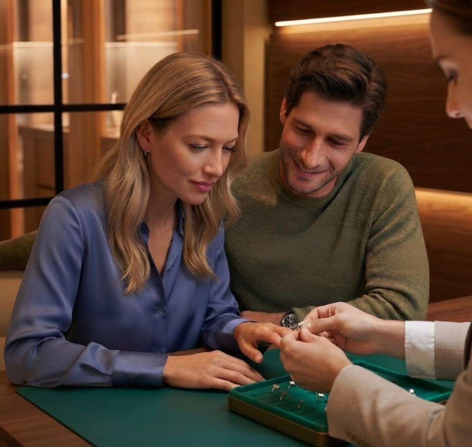 Couple being guided through engagement ring options by a MOH specialist at the Hatton Garden showroom