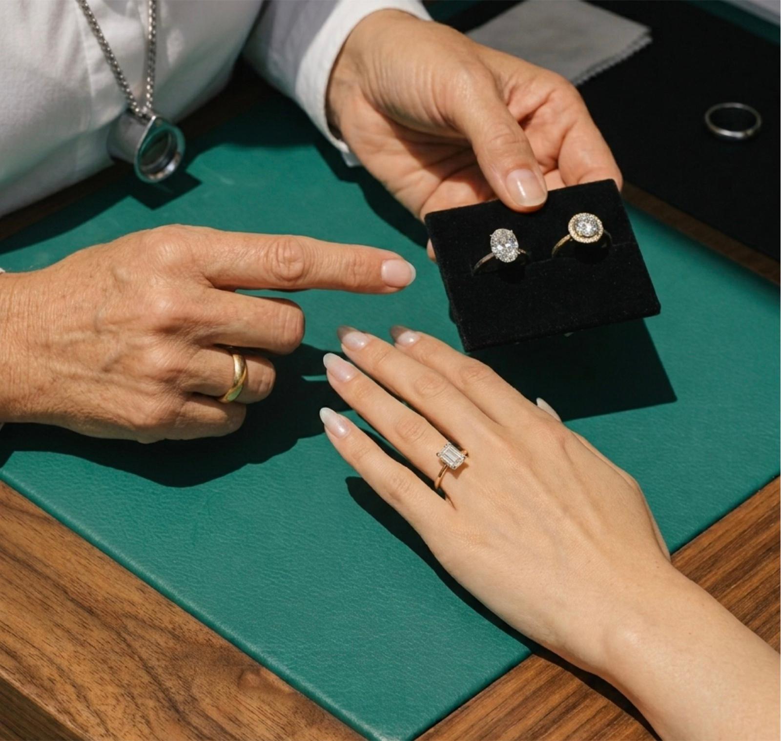 MOH specialist presenting engagement rings on a cushion during a bespoke showroom consultation