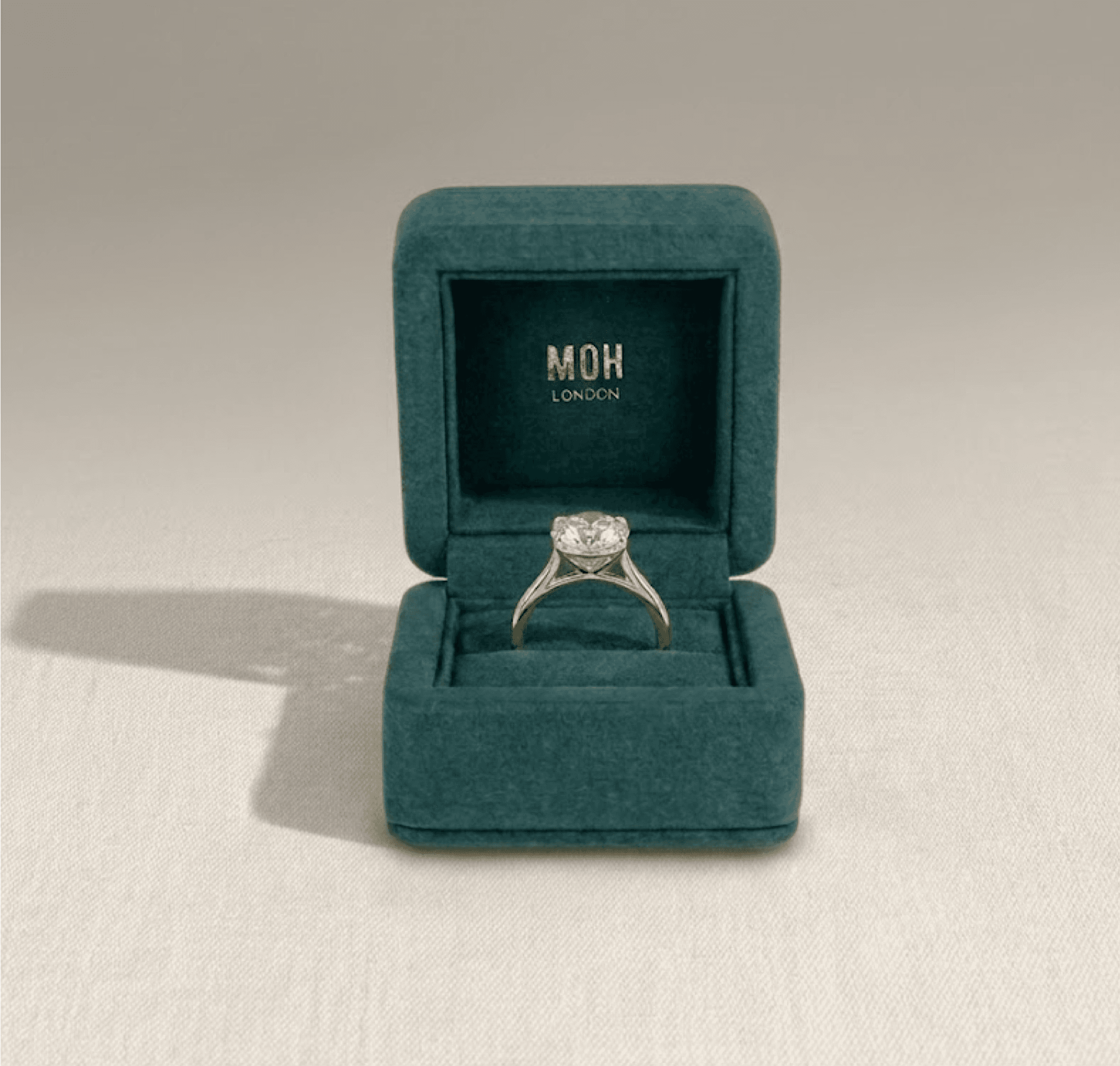 Diamond ring presented in signature MOH London teal ring box