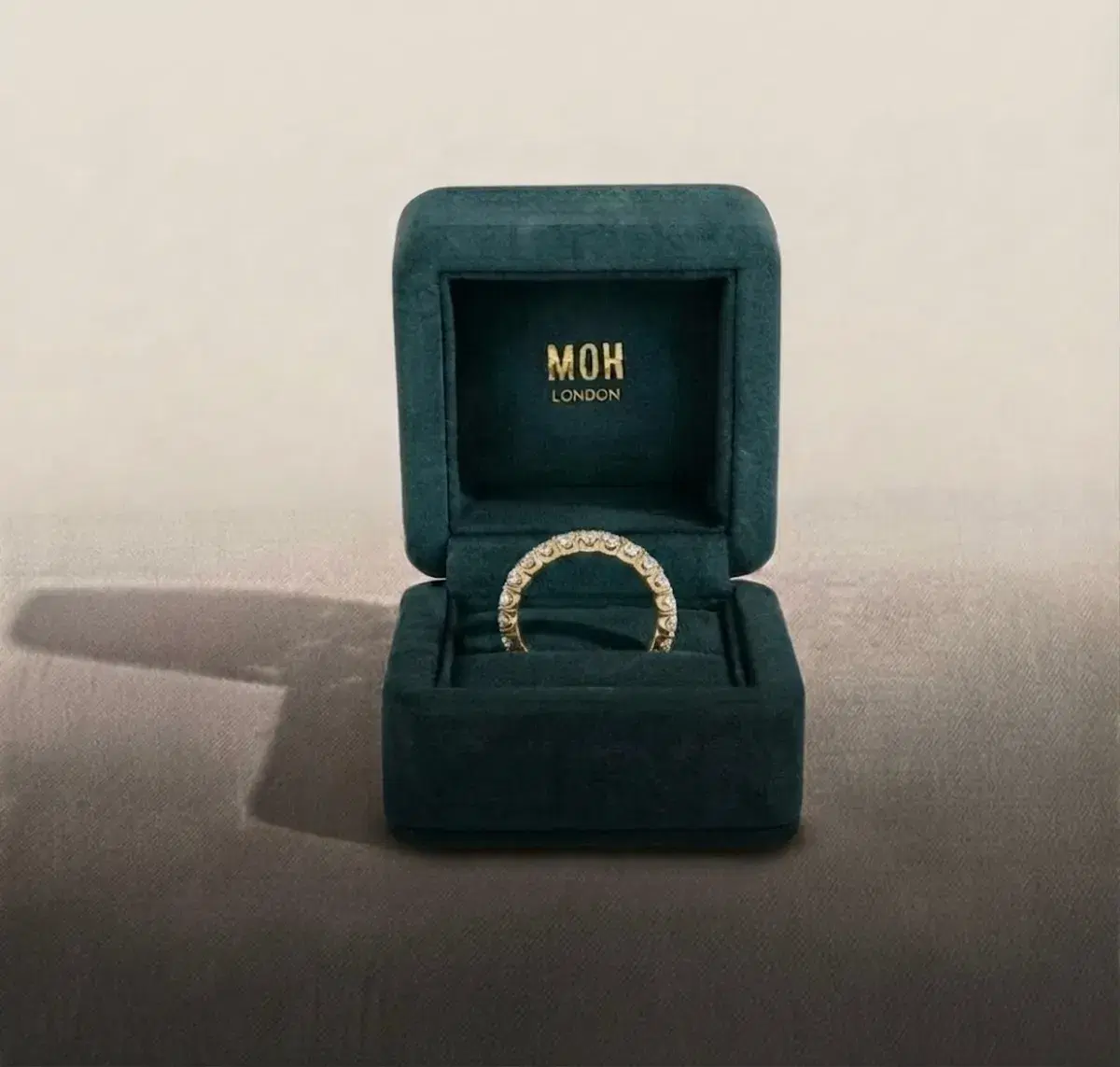 Diamond eternity ring in MOH London teal ring box