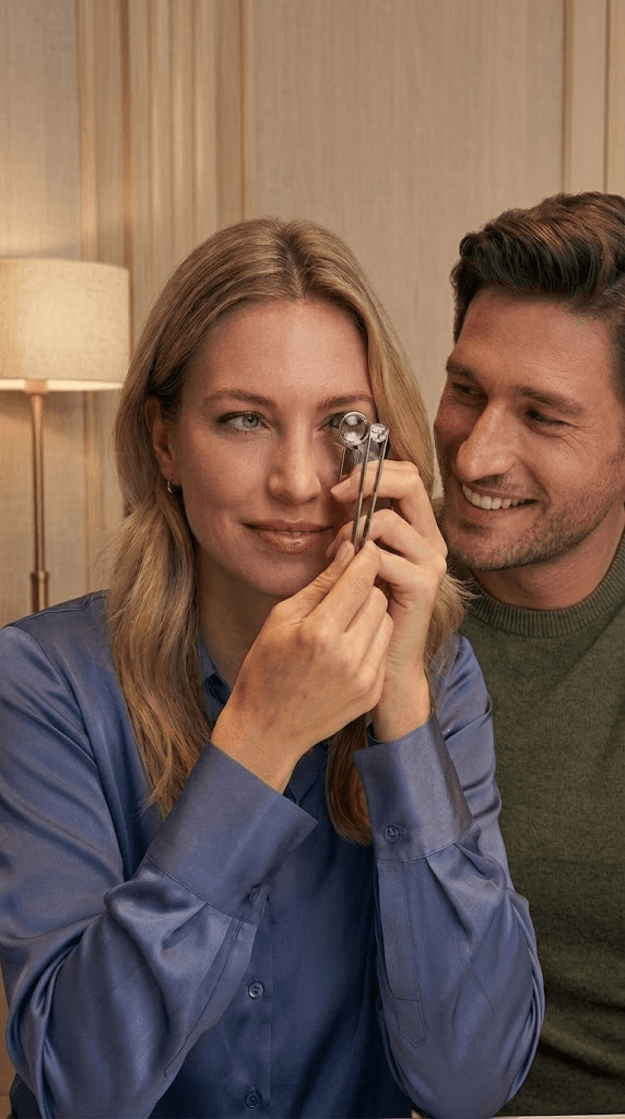 Couple examining a diamond together at the MOH London Hatton Garden showroom