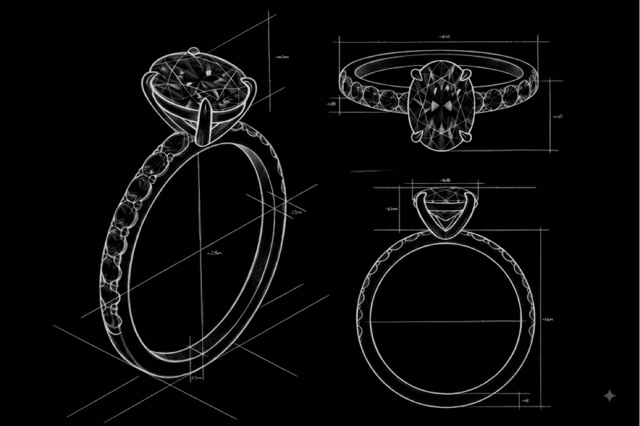 Technical CAD blueprint of a bespoke engagement ring design