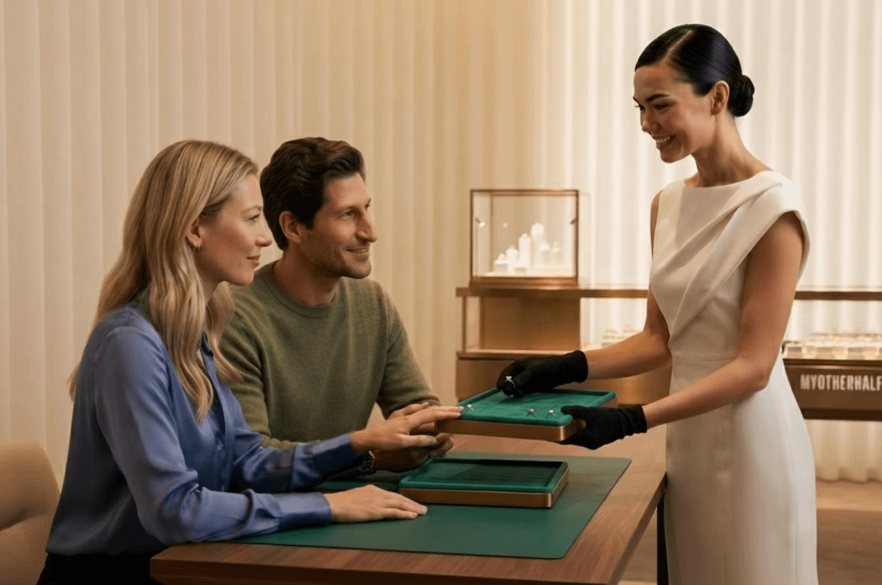 Couple being presented jewellery by a MOH specialist at the Hatton Garden showroom