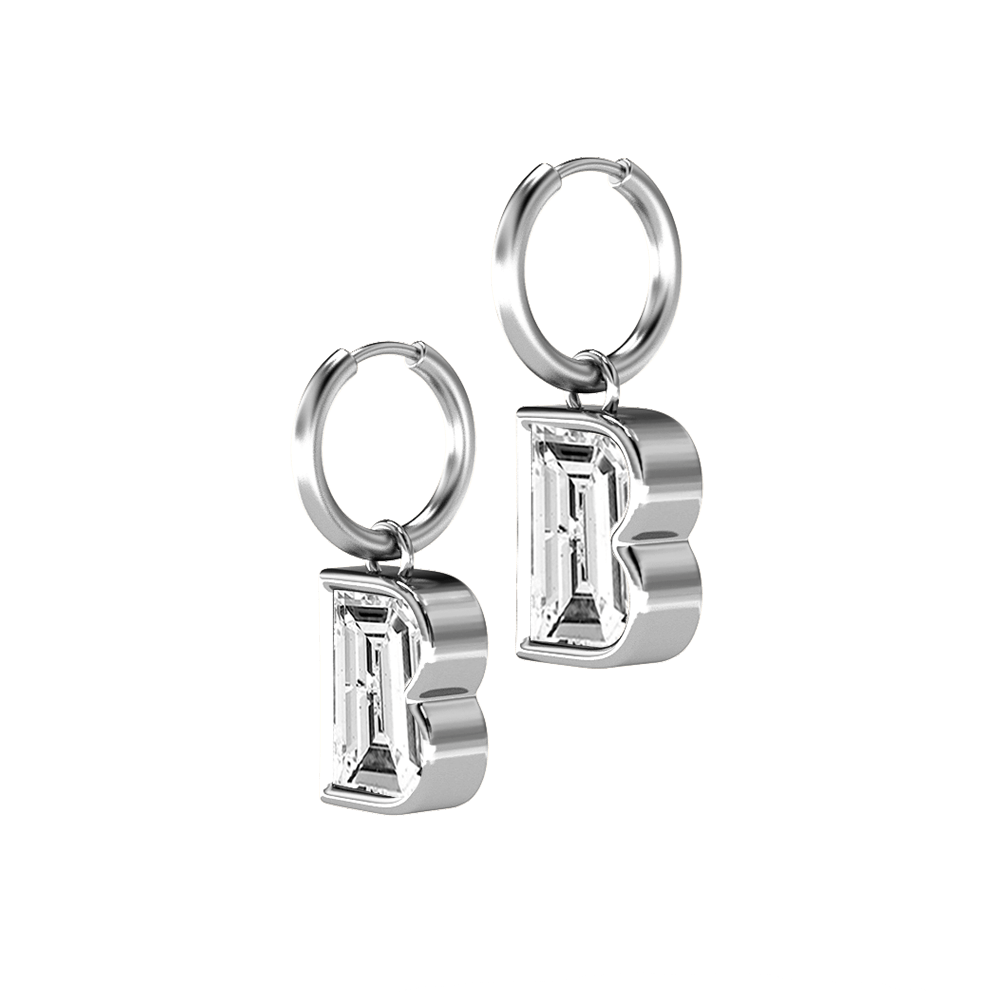 B Letter Alphabet Hoop Earrings in 18k White Gold — view 2