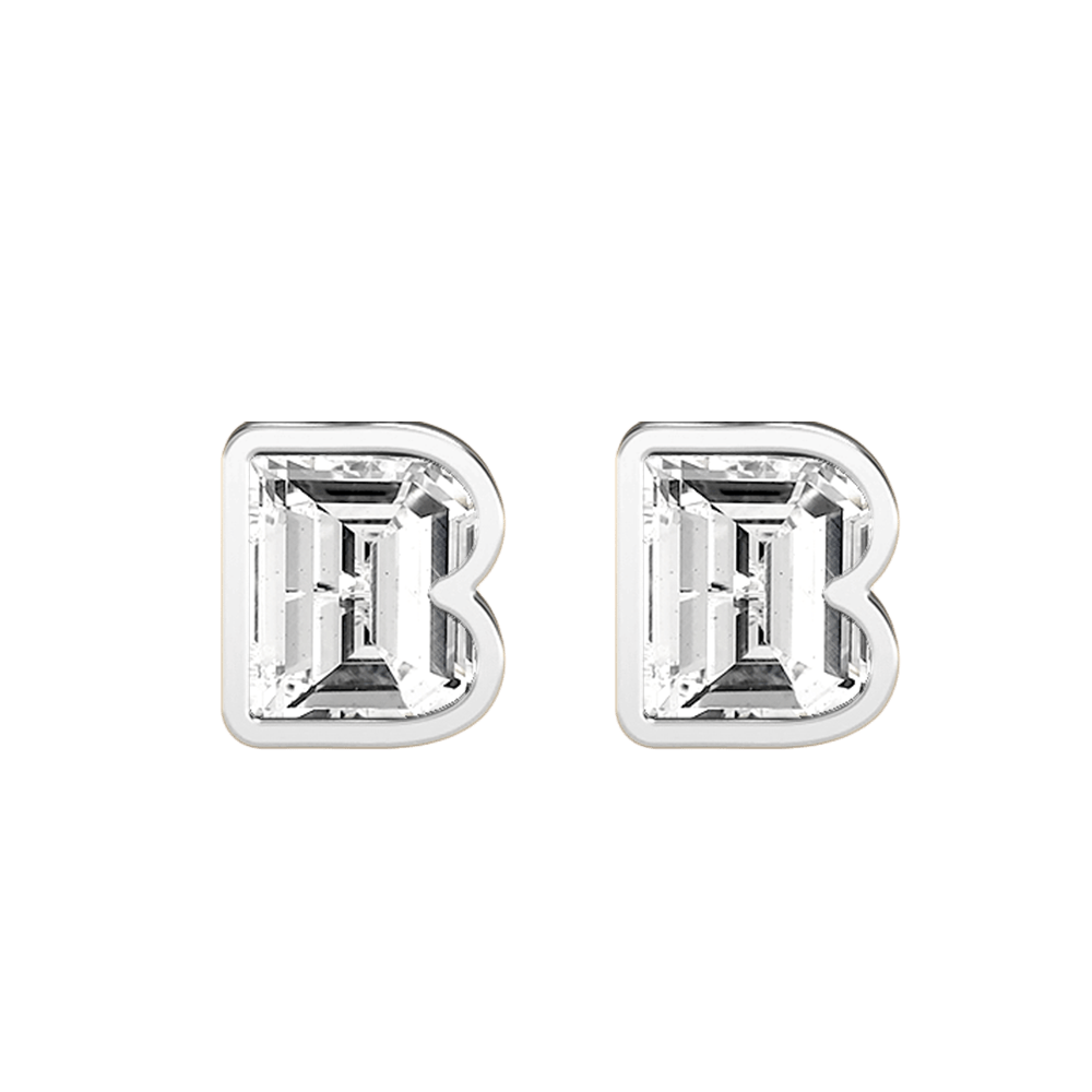 B Letter Alphabet Stud Earrings in 18k White Gold