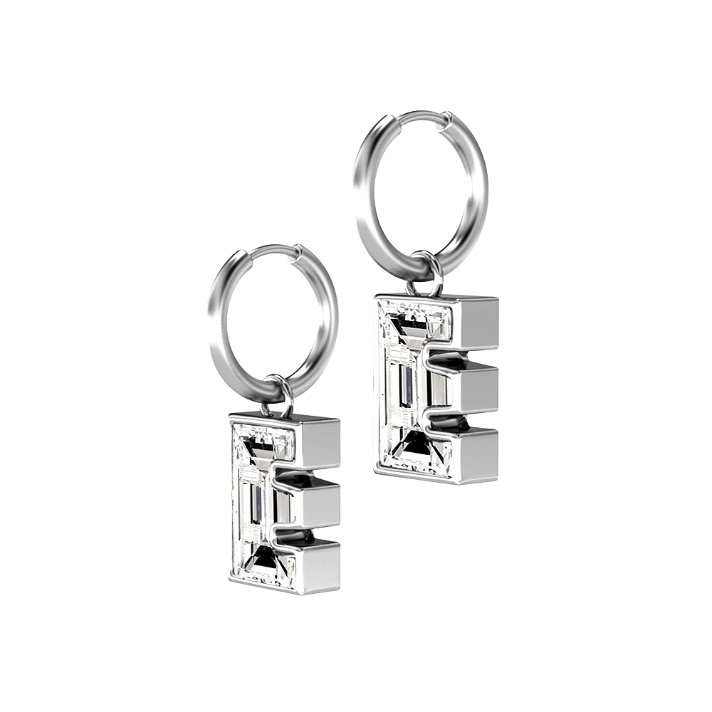 E Letter Alphabet Hoop Earrings in 18k White Gold — view 2