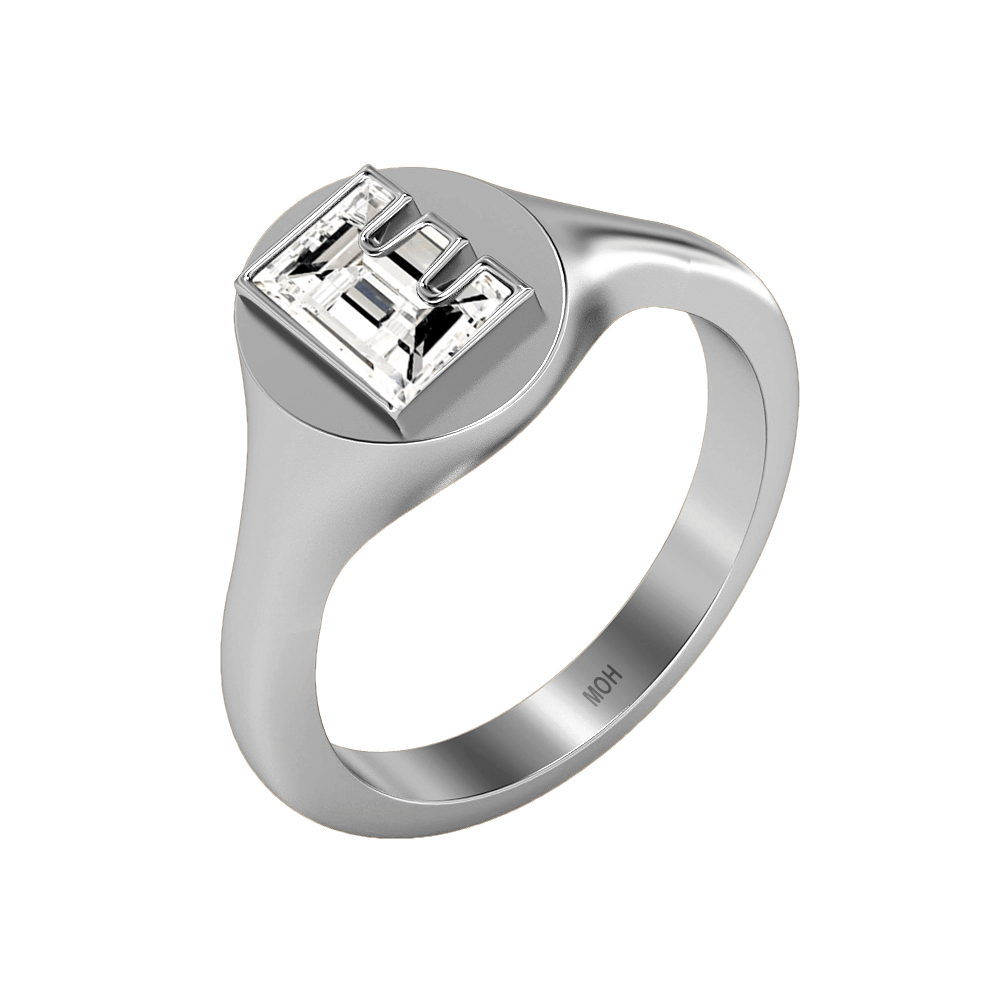 E Letter Alphabet Signet Ring in 18k White Gold — view 2