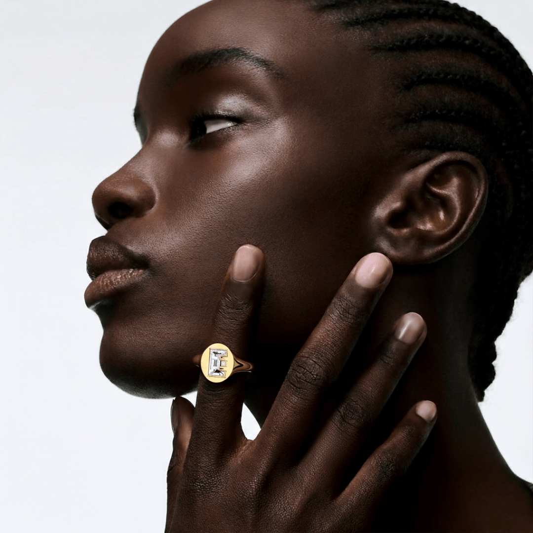 E Letter Alphabet Signet Ring — view 2