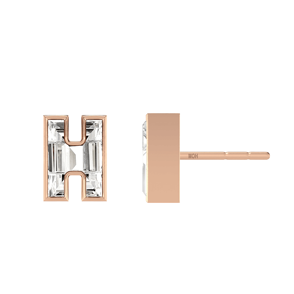 H Letter Alphabet Stud Earrings in 18k Rose Gold — view 2
