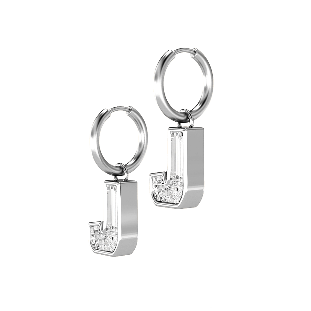 J Letter Alphabet Hoop Earrings in 18k White Gold — view 2