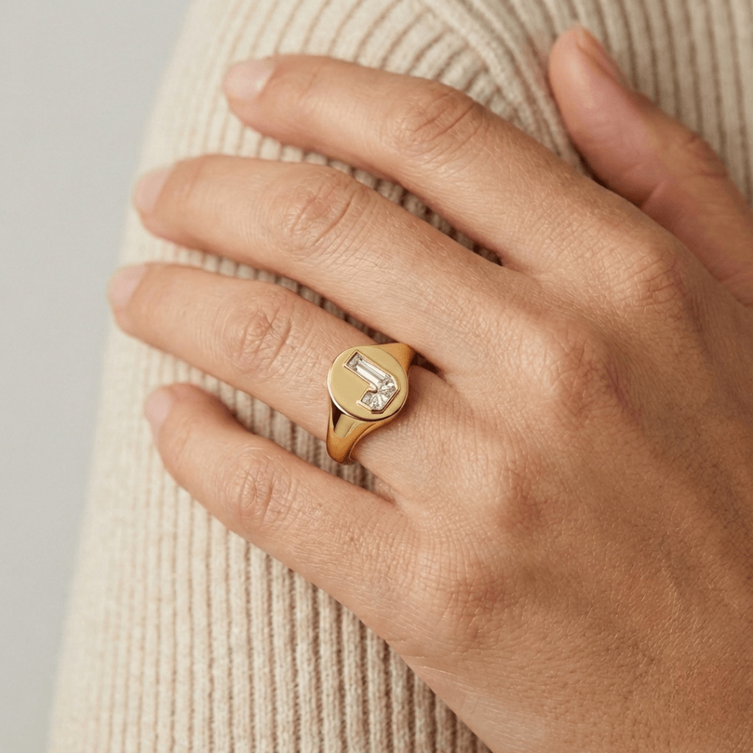 J Letter Alphabet Signet Ring — view 2