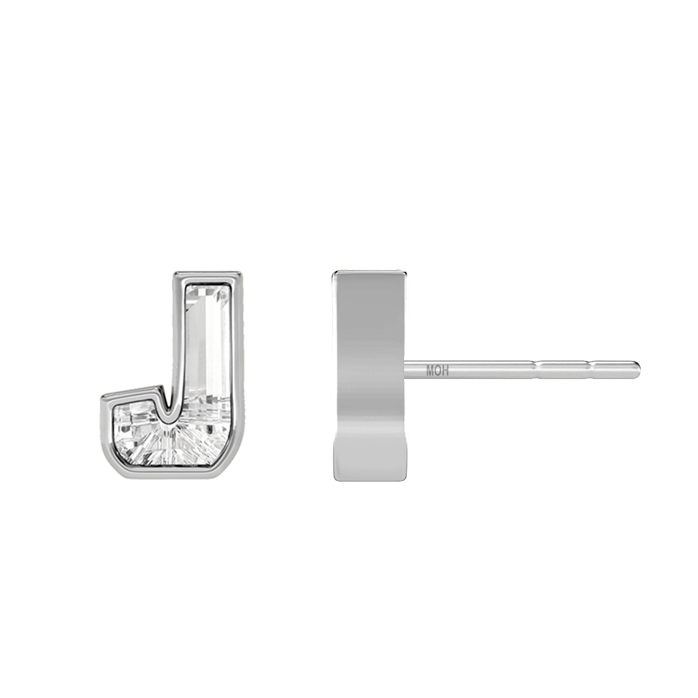 J Letter Alphabet Stud Earrings in 18k White Gold — view 2