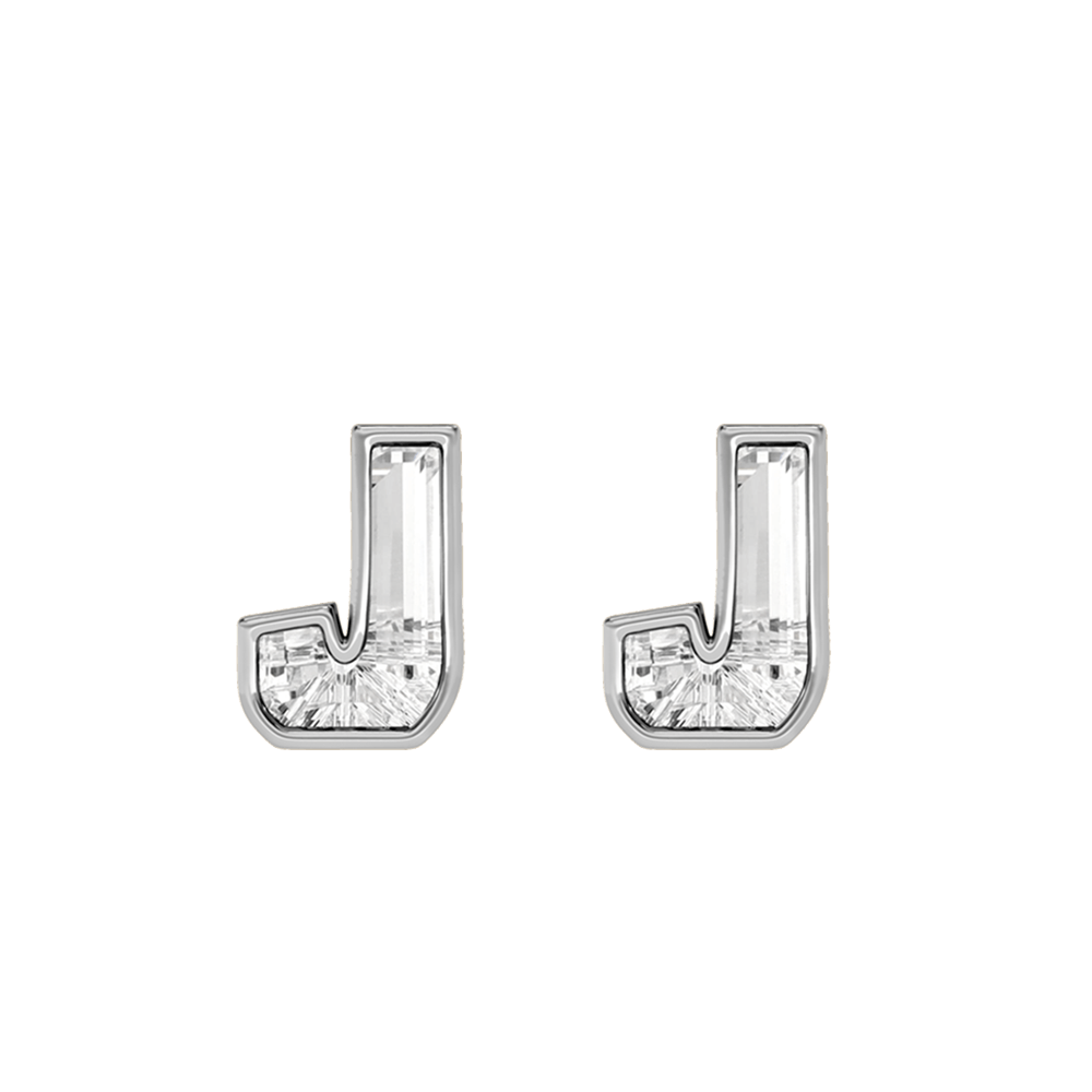 J Letter Alphabet Stud Earrings in 18k White Gold