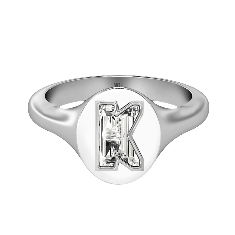 K Letter Alphabet Signet Ring in 18k White Gold