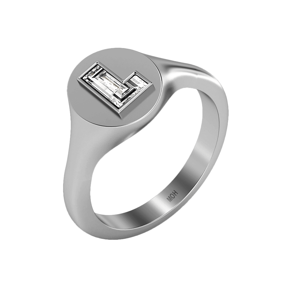 L Letter Alphabet Signet Ring in 18k White Gold — view 2