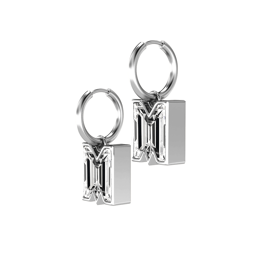 M Letter Alphabet Hoop Earrings in 18k White Gold — view 2