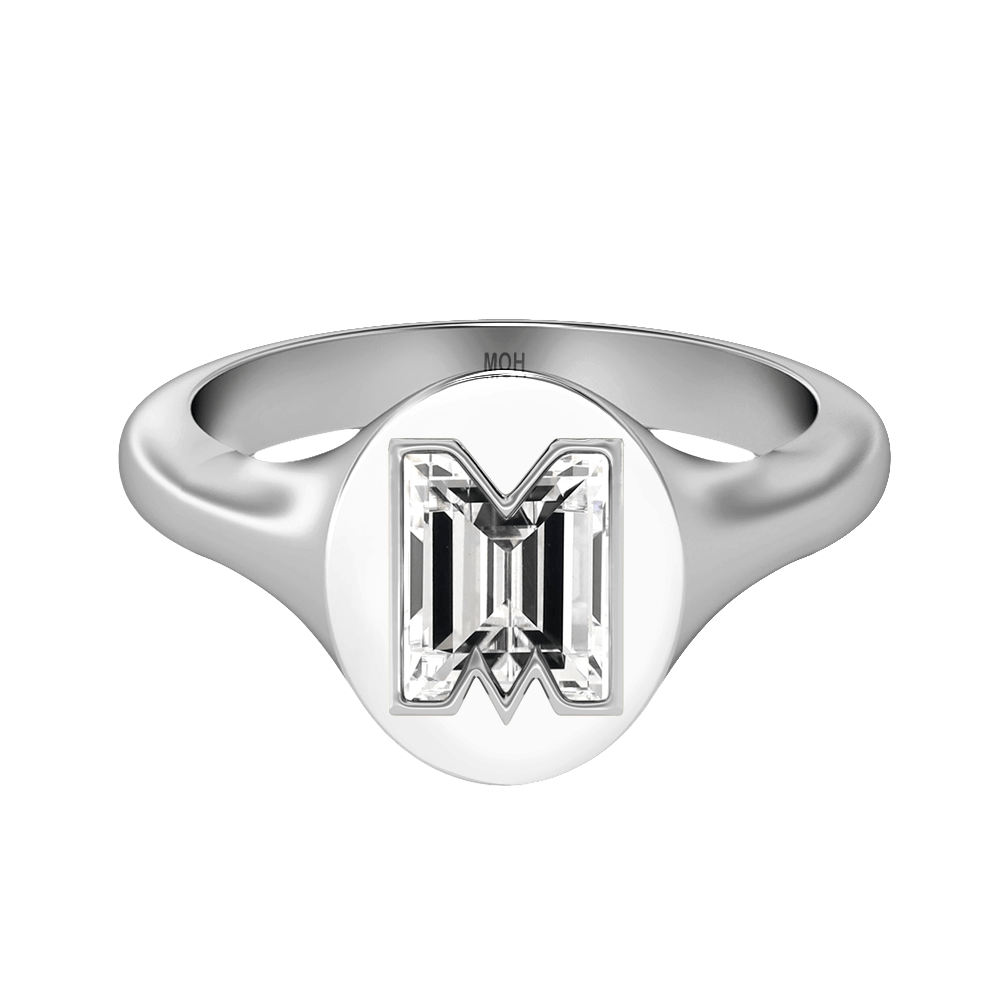 M Letter Alphabet Signet Ring in 18k White Gold