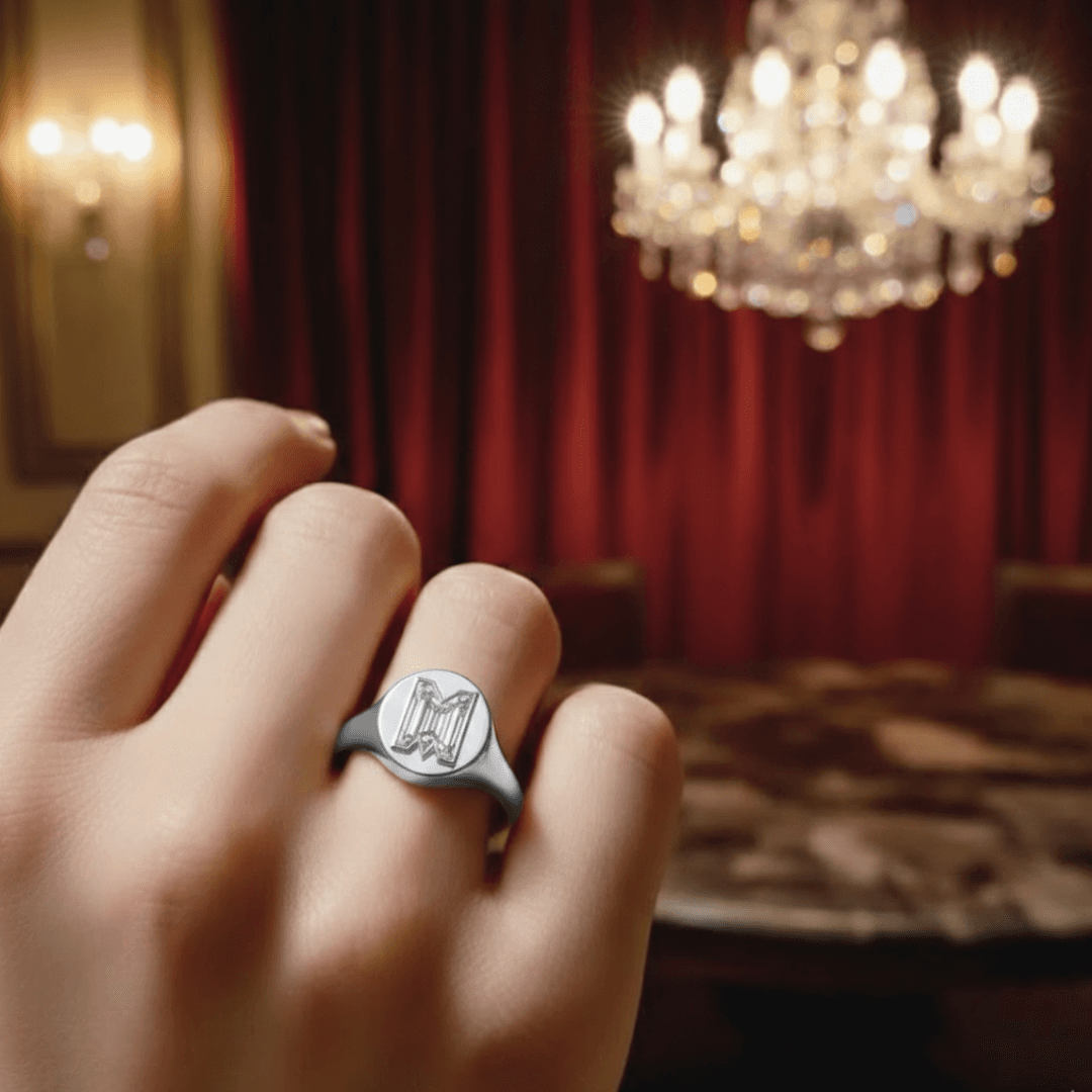 M Letter Alphabet Signet Ring — view 2