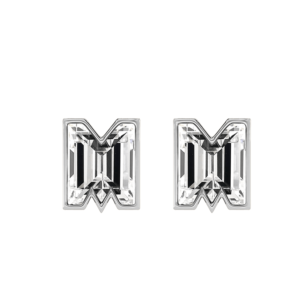 M Letter Alphabet Stud Earrings in 18k White Gold