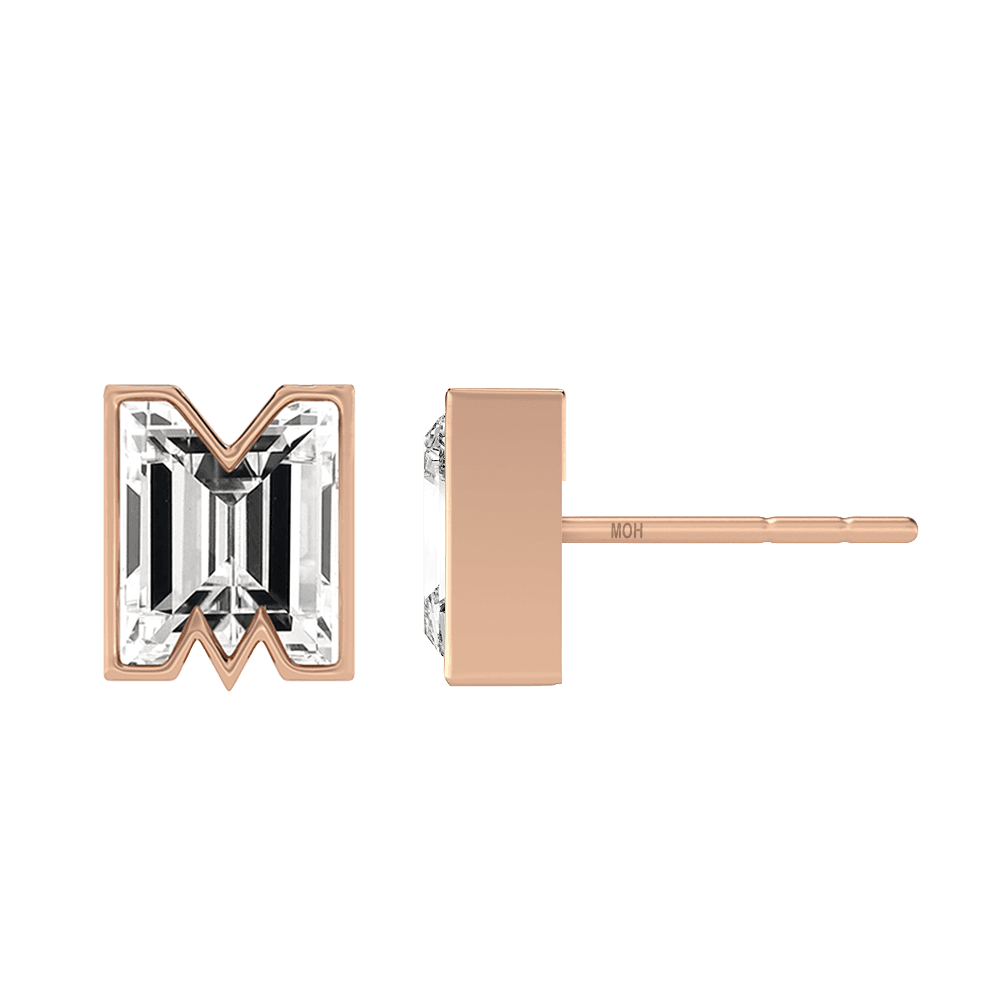 M Letter Alphabet Stud Earrings in 18k Rose Gold — view 2