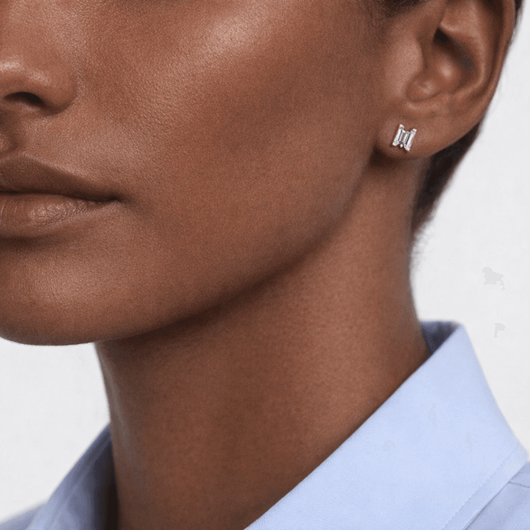 M Letter Alphabet Stud Earrings — model photoshoot