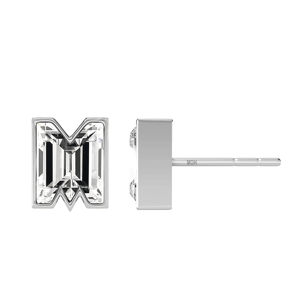 M Letter Alphabet Stud Earrings in 18k White Gold — view 2