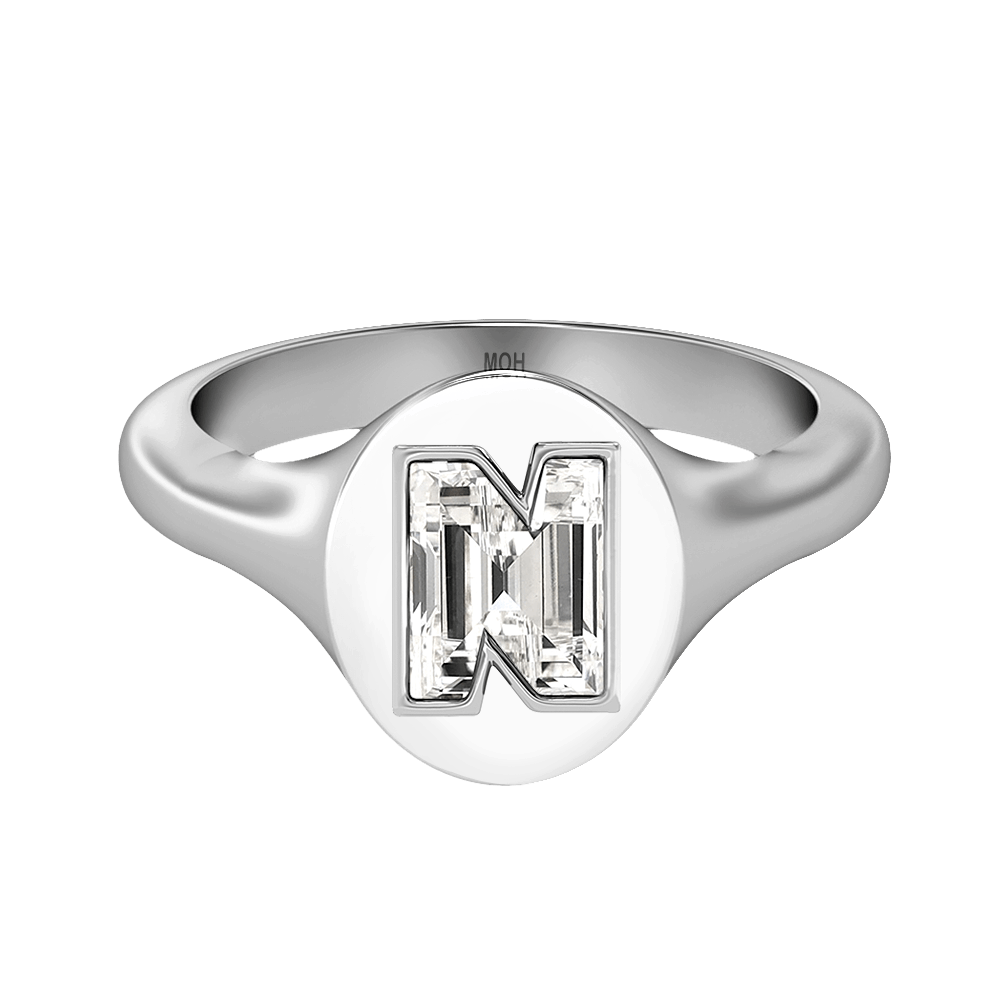 N Letter Alphabet Signet Ring in 18k White Gold
