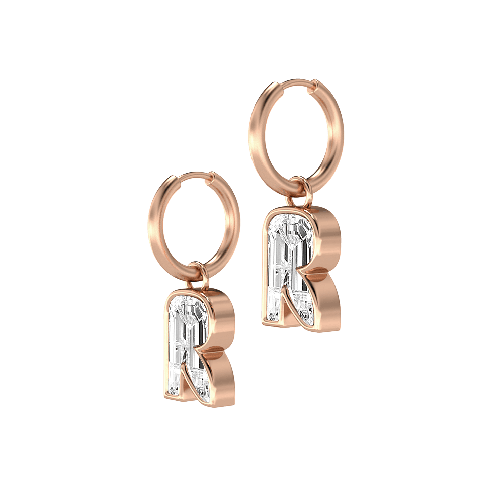 R Letter Alphabet Hoop Earrings in 18k Rose Gold — view 2