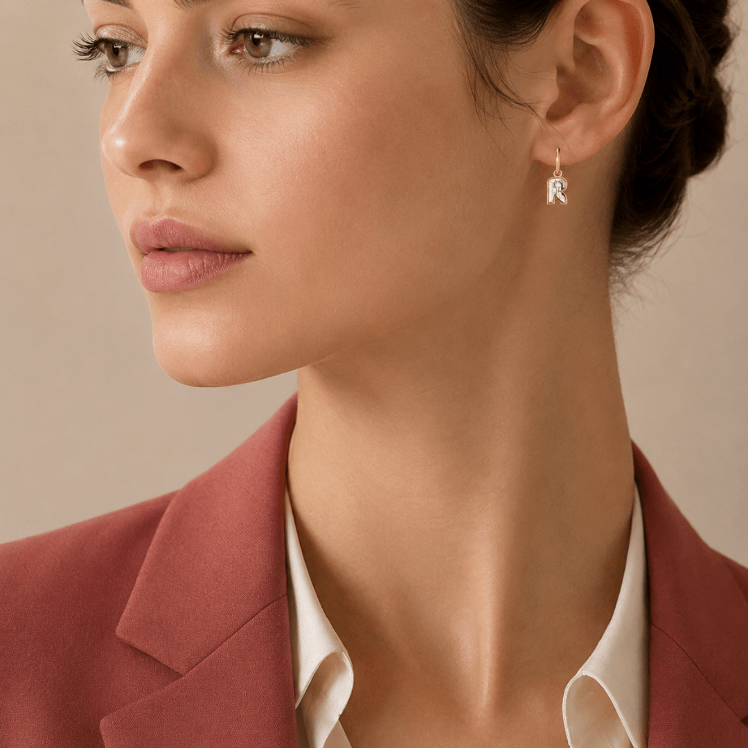 R Letter Alphabet Hoop Earrings — view 2