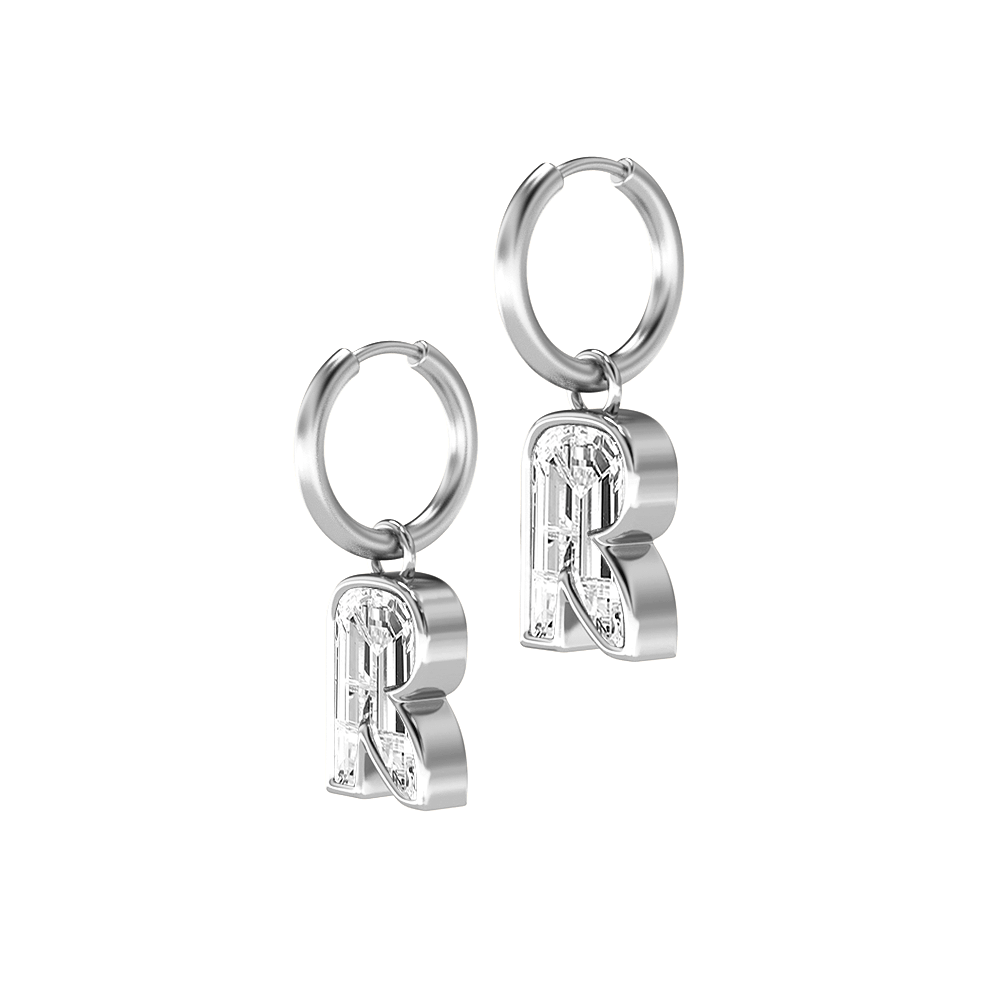 R Letter Alphabet Hoop Earrings in 18k White Gold — view 2
