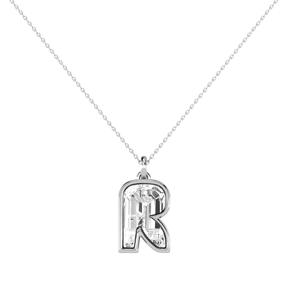 R Letter Alphabet Pendant in 18k White Gold