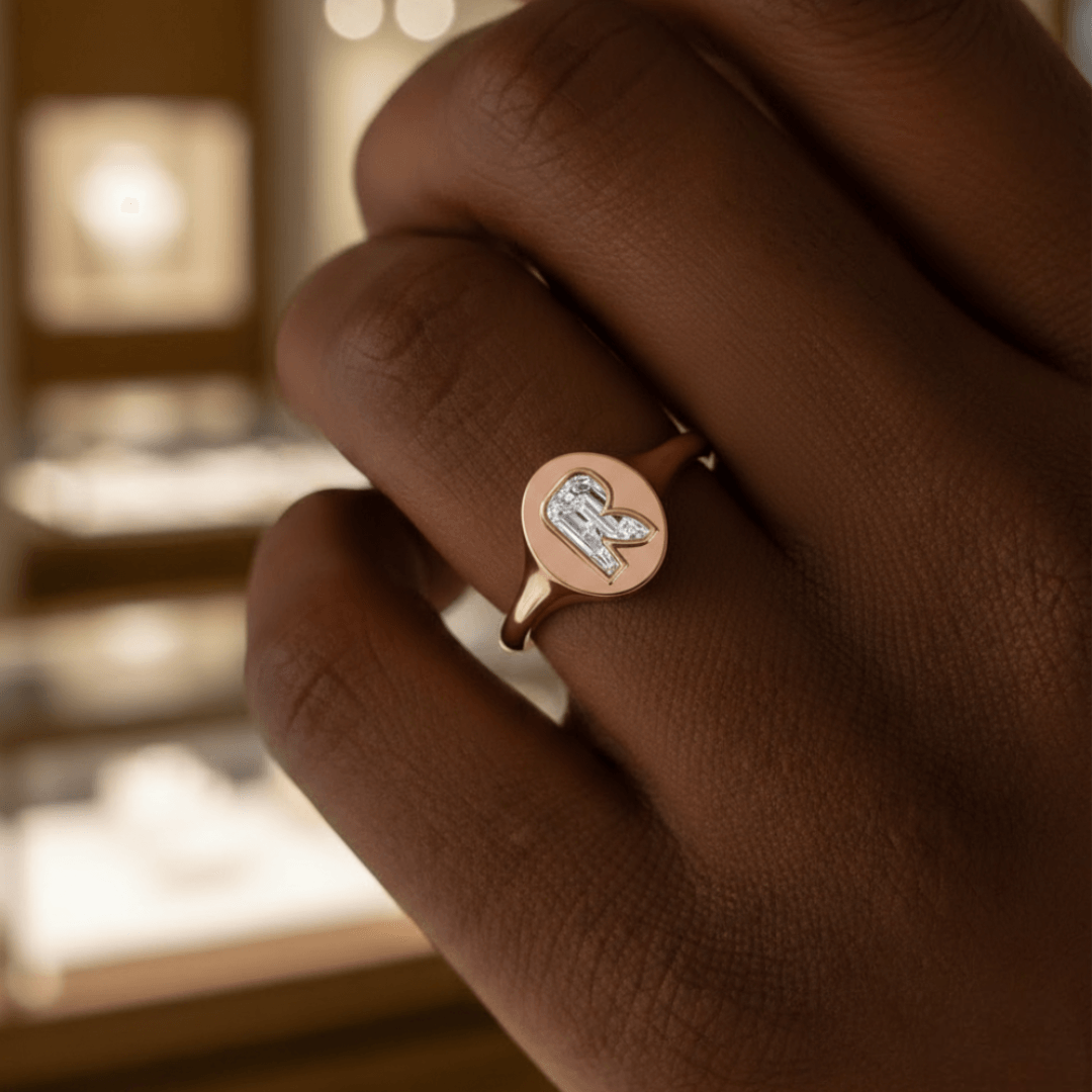 R Letter Alphabet Signet Ring — view 2