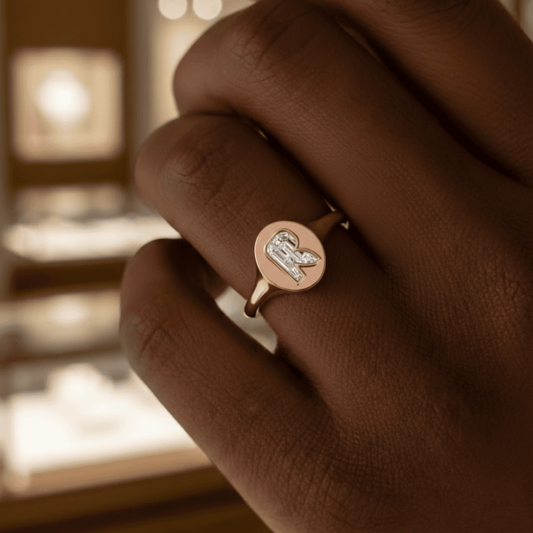 R Letter Alphabet Signet Ring — view 2