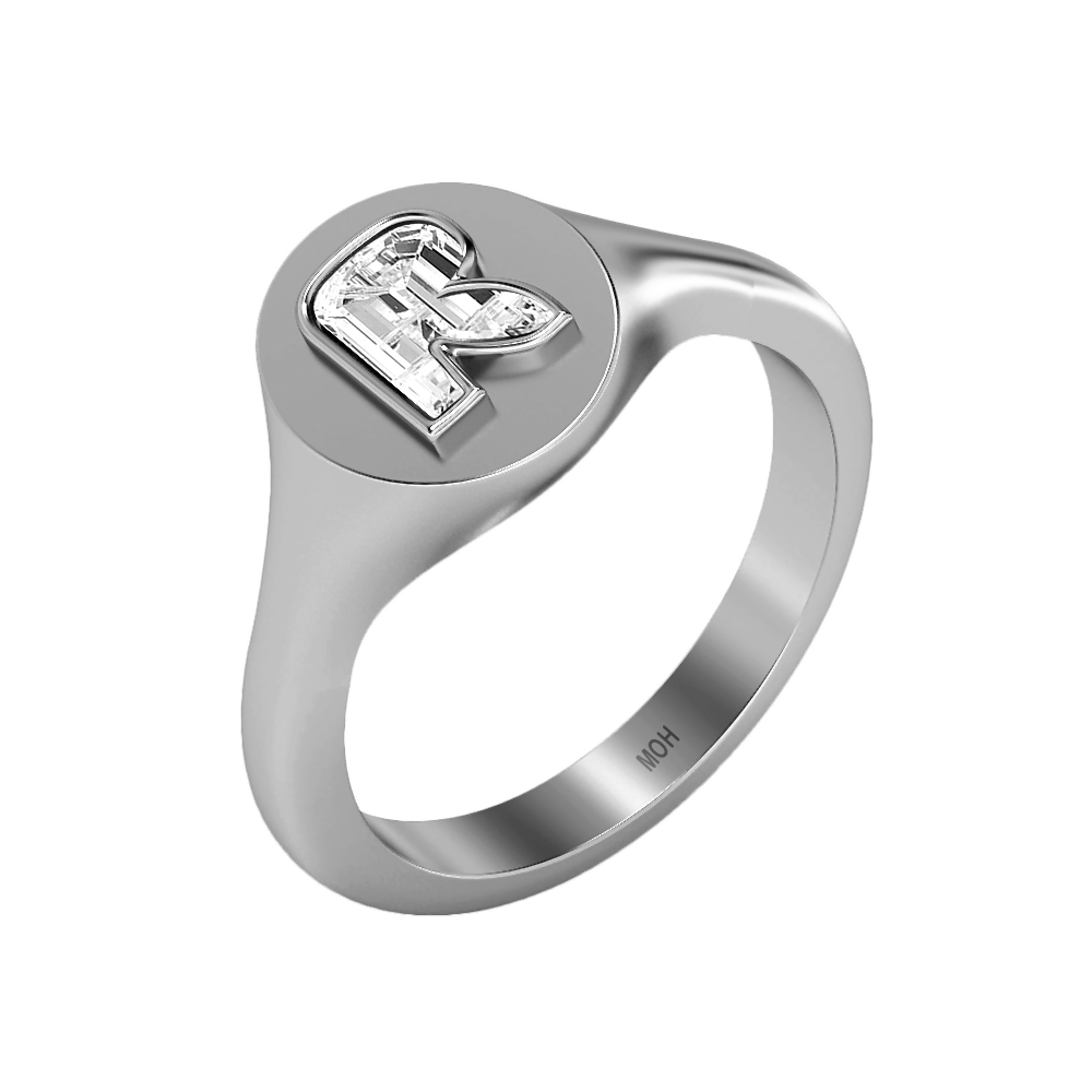 R Letter Alphabet Signet Ring in 18k White Gold — view 2