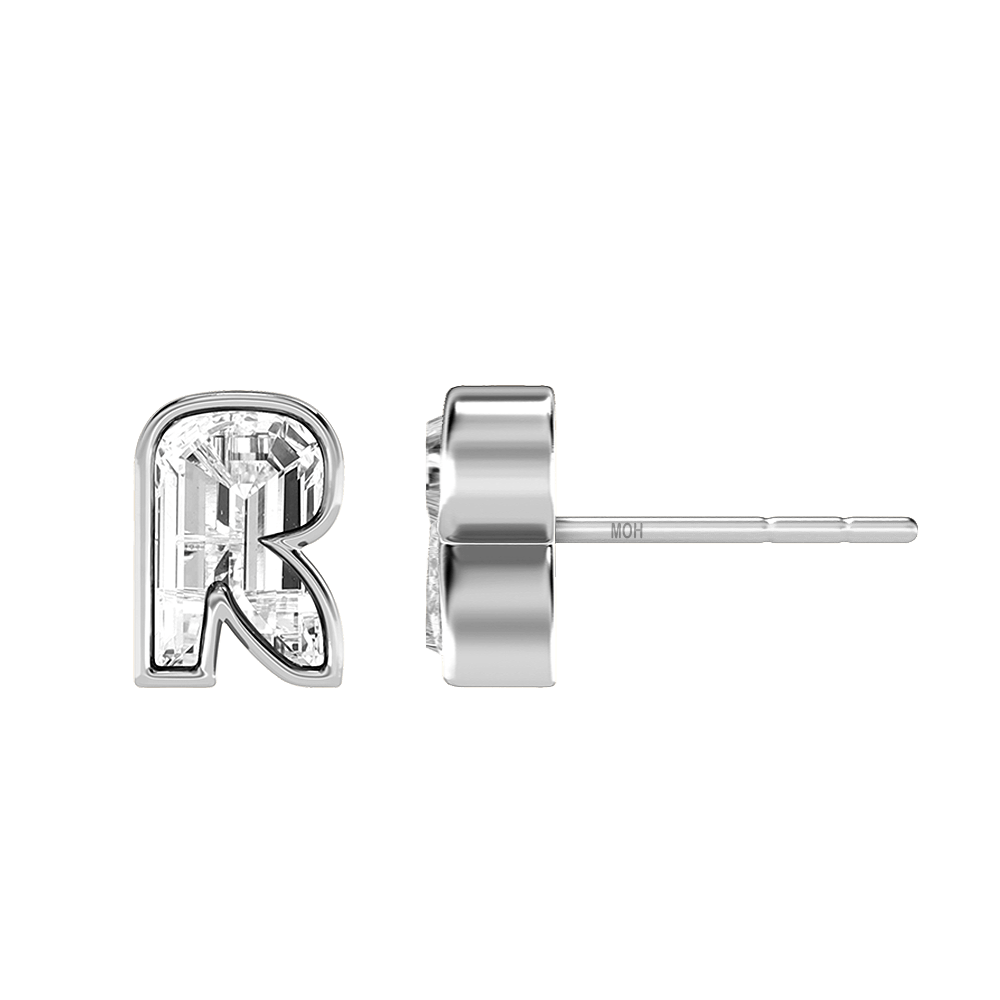 R Letter Alphabet Stud Earrings in 18k White Gold — view 2