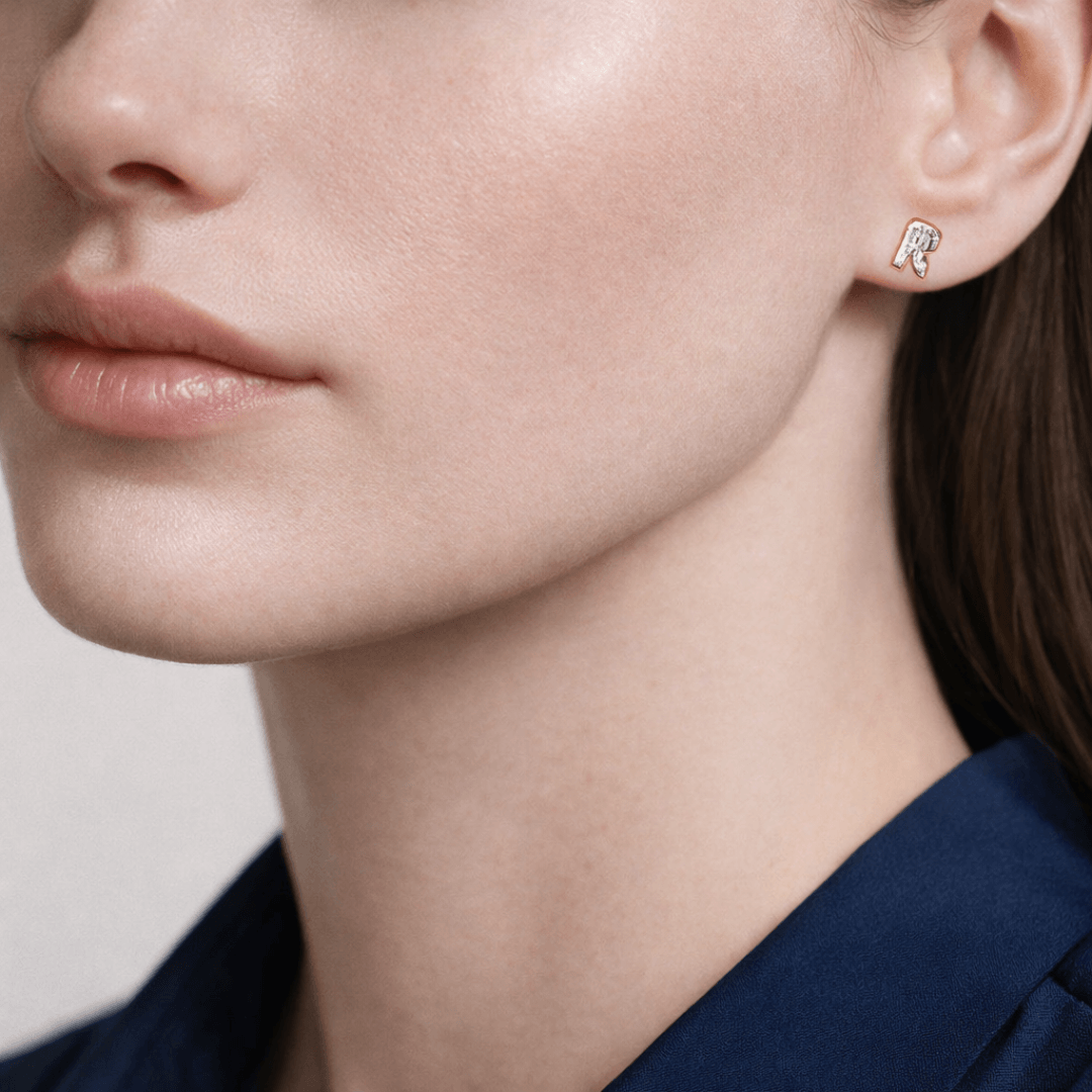 R Letter Alphabet Stud Earrings — view 2
