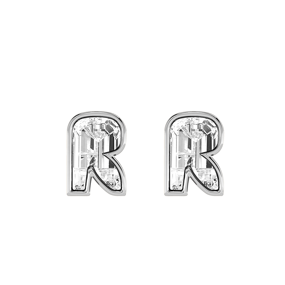R Letter Alphabet Stud Earrings in 18k White Gold