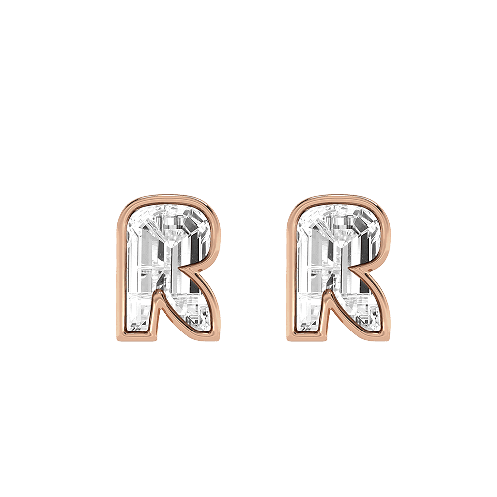 R Letter Alphabet Stud Earrings in 18k Rose Gold