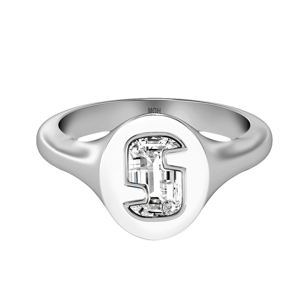 S Letter Alphabet Signet Ring in 18k White Gold