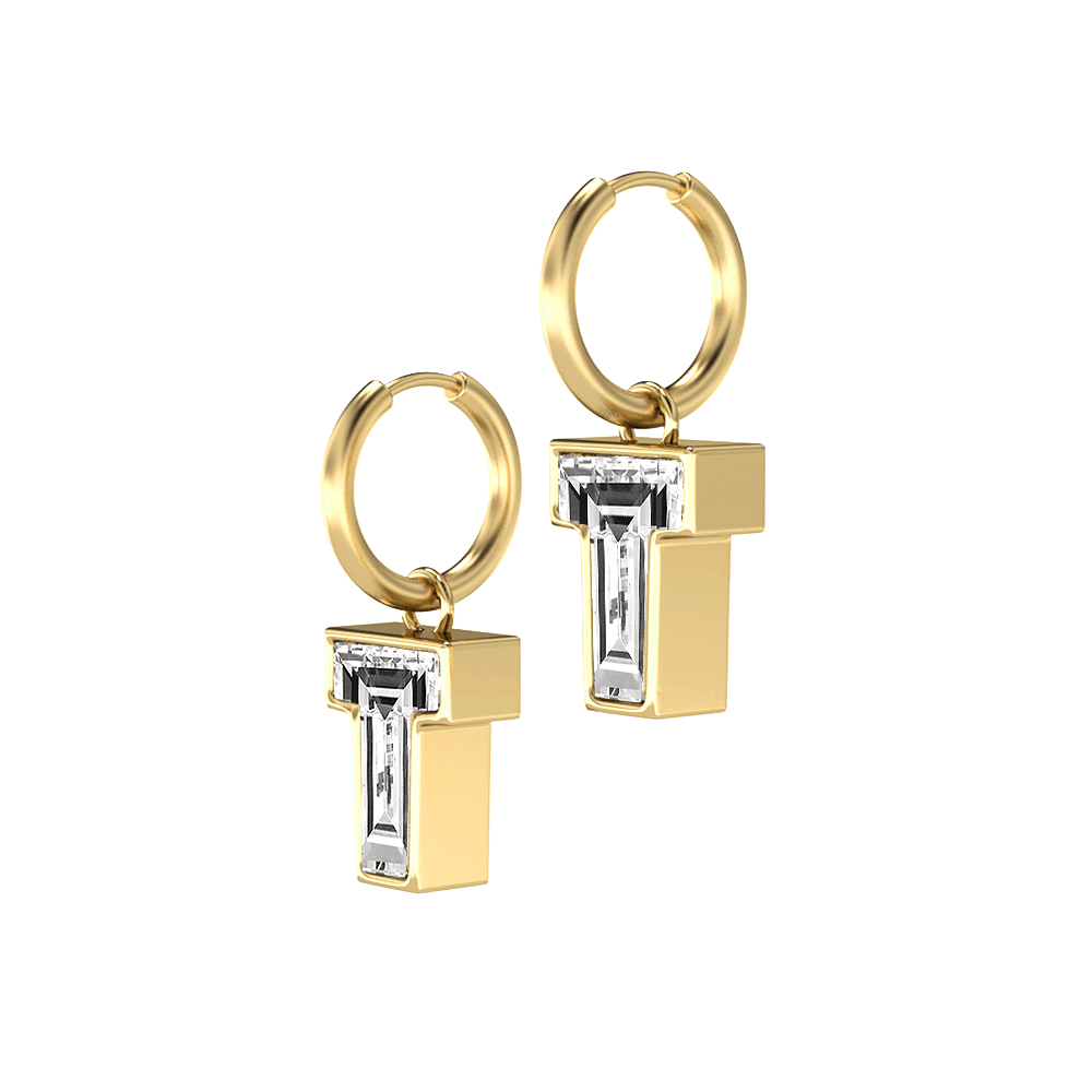 T Letter Alphabet Hoop Earrings in 18k Yellow Gold — view 2